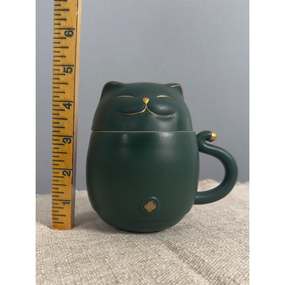 TangPin Cat Mug with Lid Dark Green Gold Accent Tea Mug Missing Infuser - Picture 3 of 6